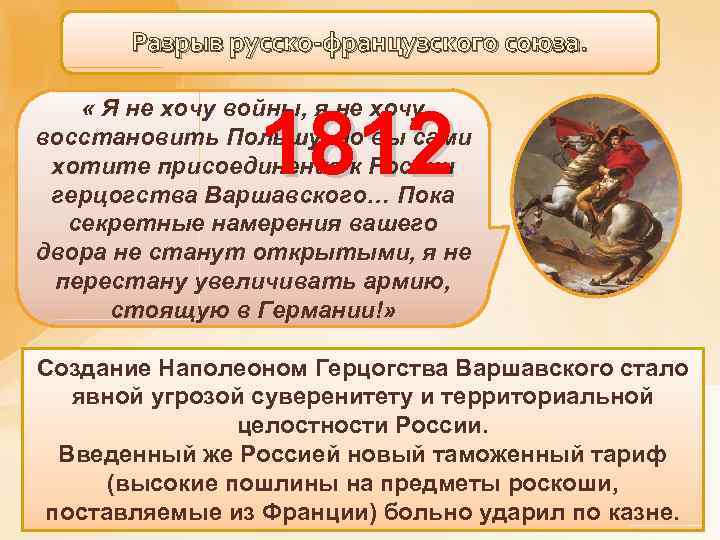 Разрыв русско-французского союза. 1812 « Я не хочу войны, я не хочу восстановить Польшу,