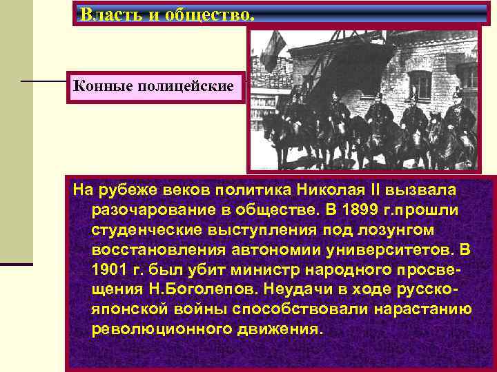 Власть и общество. Конные полицейские На рубеже веков политика Николая II вызвала разочарование в