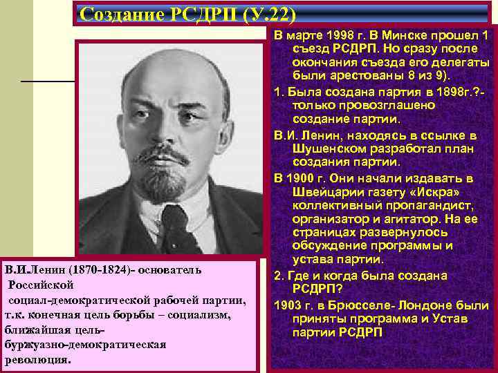 Создание РСДРП (У. 22) В. И. Ленин (1870 -1824)- основатель Российской социал-демократической рабочей партии,