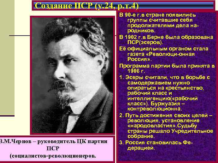 Создание ПСР (у. 24, р. т. 4) В. М. Чернов – руководитель ЦК партии