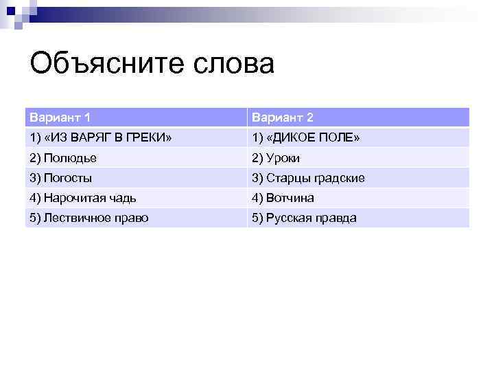 Объясните слова Вариант 1 Вариант 2 1) «ИЗ ВАРЯГ В ГРЕКИ» 1) «ДИКОЕ ПОЛЕ»