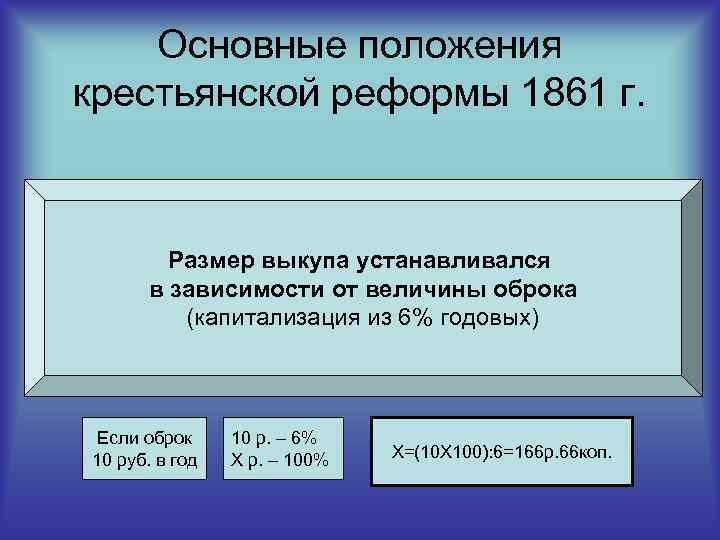 Основные положения крестьянской реформы 1861 г. Размер выкупа устанавливался в зависимости от величины оброка