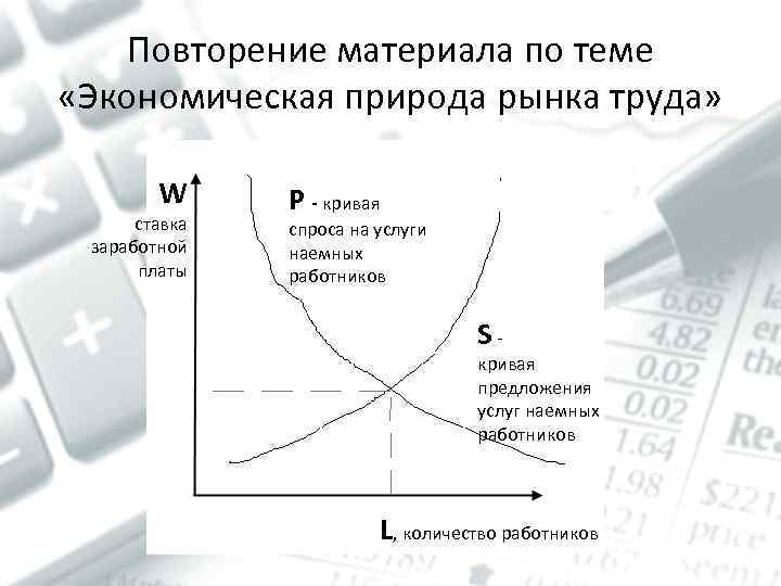 Повторение материала по теме «Экономическая природа рынка труда» W ставка заработной платы P -