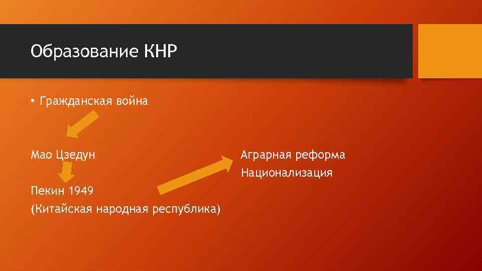 Образование КНР • Гражданская война Мао Цзедун Пекин 1949 (Китайская народная республика) Аграрная реформа