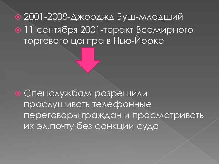 2001 -2008 -Джорджд Буш-младший 11 сентября 2001 -теракт Всемирного торгового центра в Нью-Йорке Спецслужбам