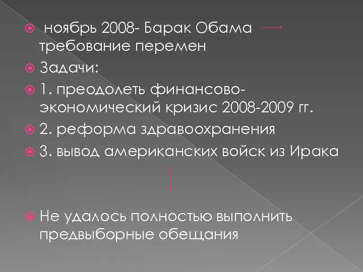 ноябрь 2008 - Барак Обама требование перемен Задачи: 1. преодолеть финансовоэкономический кризис 2008 -2009