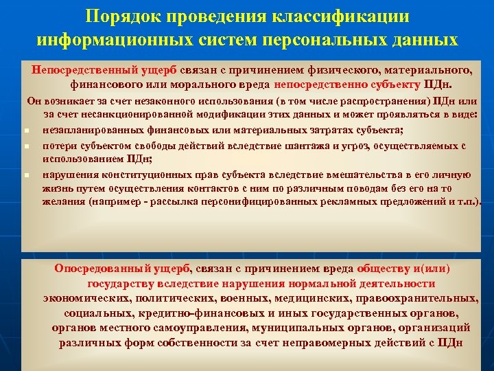 Порядок проведения классификации информационных систем персональных данных Непосредственный ущерб связан с причинением физического, материального,