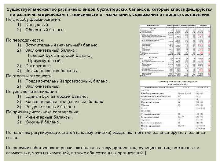 Существует множество различных видов бухгалтерских балансов, которые классифицируются по различным признакам, в зависимости от