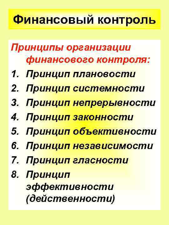 Финансовый контроль Принципы организации финансового контроля: 1. Принцип плановости 2. Принцип системности 3. Принцип