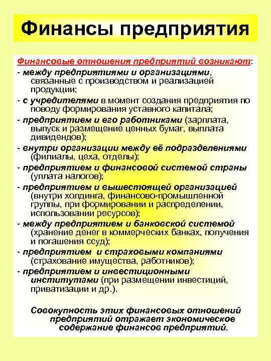 Финансы предприятия Финансовые отношения предприятий возникают: между предприятиями и организациями, связанные с производством и