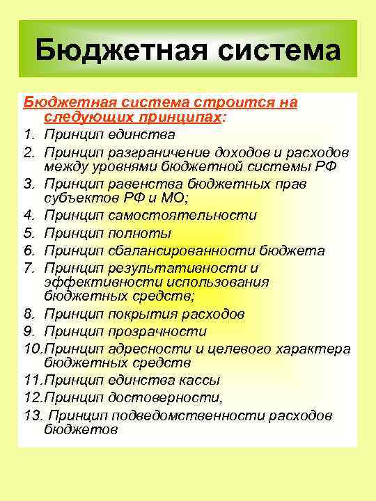 Бюджетная система строится на следующих принципах: 1. Принцип единства 2. Принцип разграничение доходов и