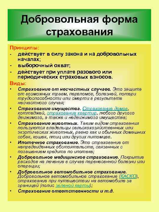 Добровольная форма страхования Принципы: - действует в силу закона и на добровольных началах; выборочный