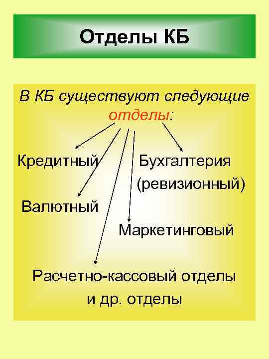 Отделы КБ В КБ существуют следующие отделы: Кредитный Бухгалтерия (ревизионный) Валютный Маркетинговый Расчетно кассовый