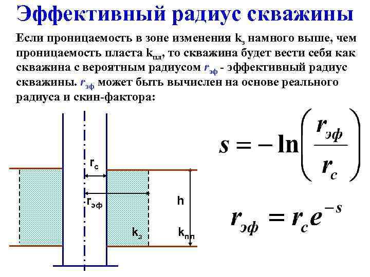 Эффективный радиус скважины Если проницаемость в зоне изменения kз намного выше, чем проницаемость пласта