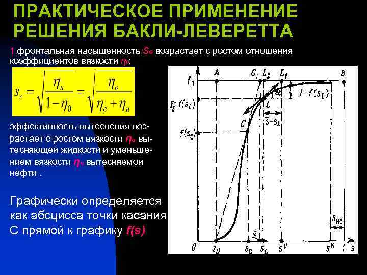ПРАКТИЧЕСКОЕ ПРИМЕНЕНИЕ РЕШЕНИЯ БАКЛИ-ЛЕВЕРЕТТА 1. фронтальная насыщенность sс возрастает с ростом отношения коэффициентов вязкости