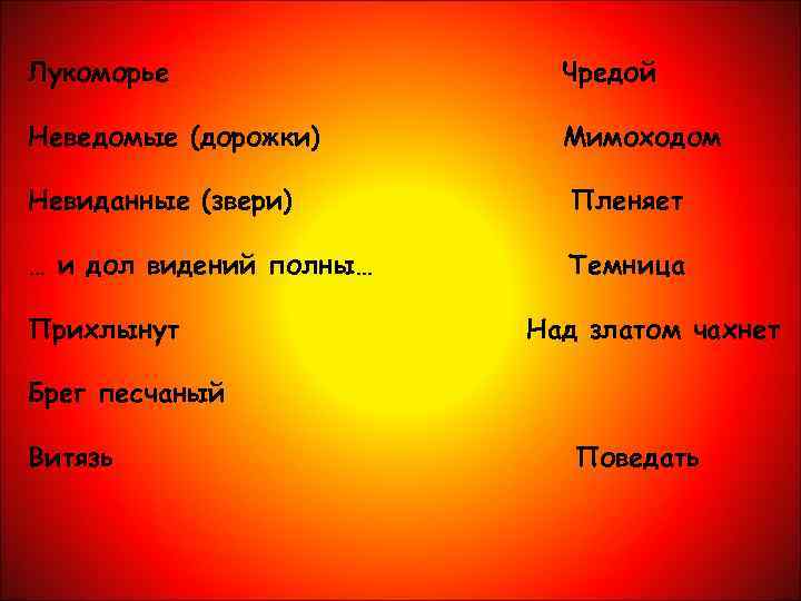Лукоморье Чредой Неведомые (дорожки) Мимоходом Невиданные (звери) Пленяет … и дол видений полны… Темница