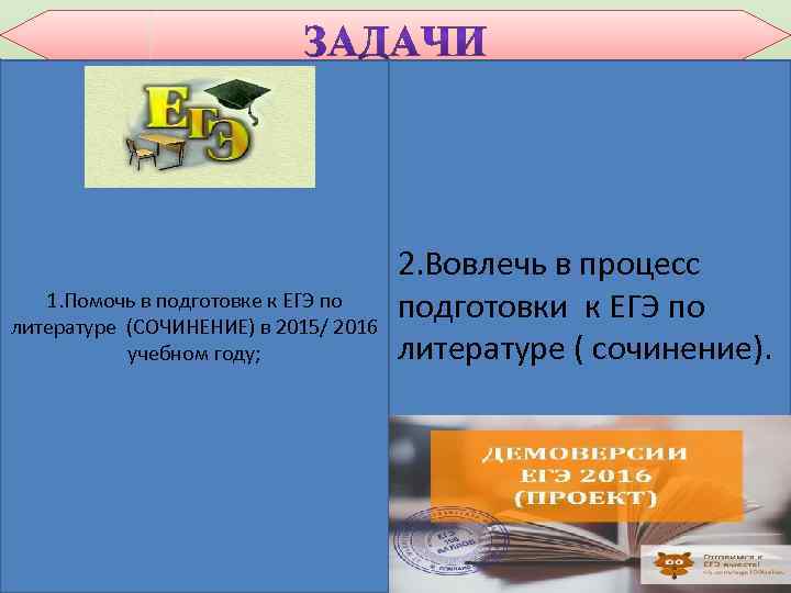 2. Вовлечь в процесс 1. Помочь в подготовке к ЕГЭ по подготовки к ЕГЭ