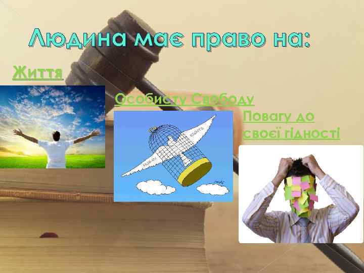 Людина має право на: Життя Особисту Свободу Повагу до своєї гідності 