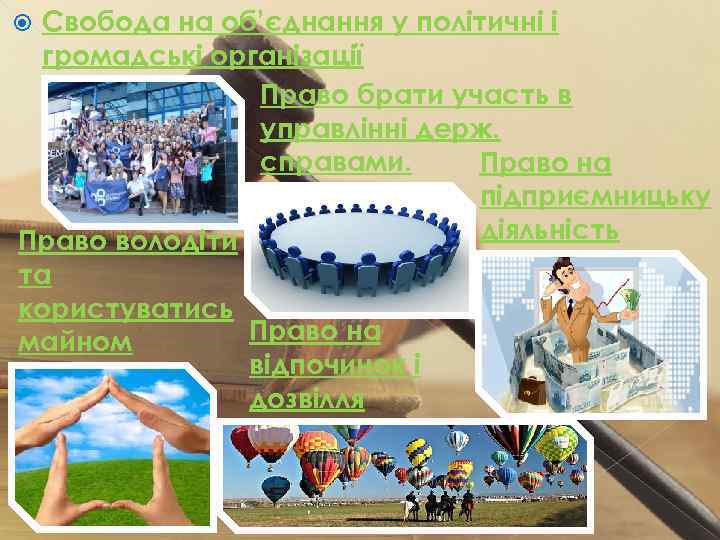 Свобода на об’єднання у політичні і громадські організації Право брати участь в управлінні держ.