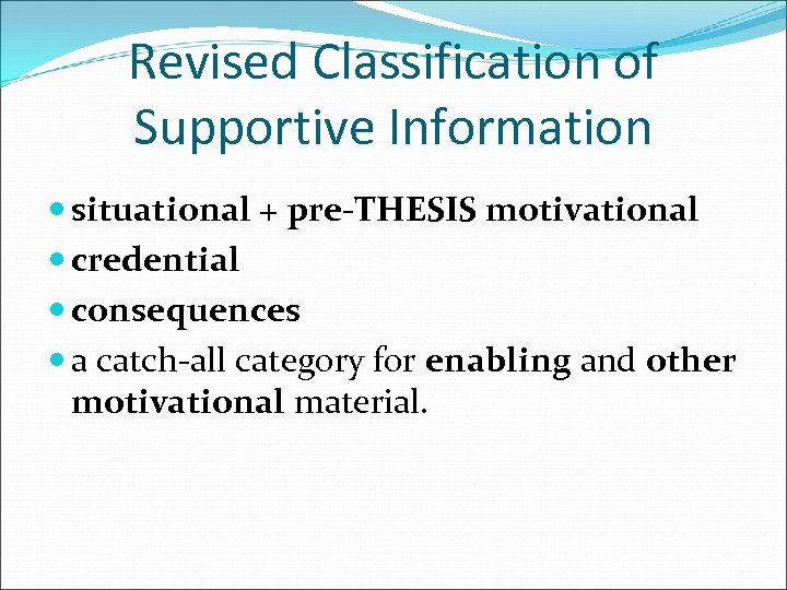 Revised Classification of Supportive Information situational + pre-THESIS motivational credential consequences a catch-all category