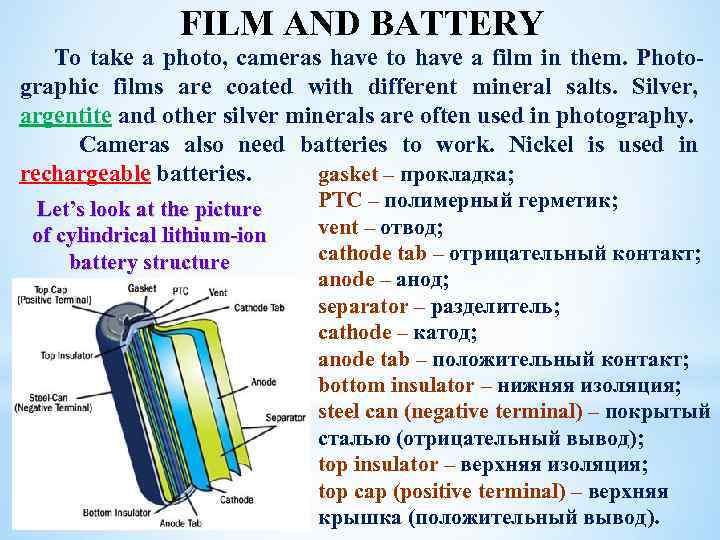 FILM AND BATTERY To take a photo, cameras have to have a film in