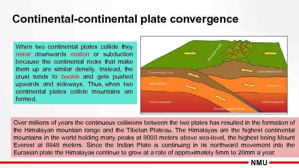 Continental-continental plate convergence When two continental plates collide they resist downwards motion or subduction