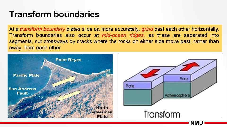 Transform boundaries At a transform boundary plates slide or, more accurately, grind past each