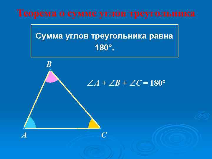 Теорема о сумме углов треугольника Сумма углов треугольника равна 180°. B A + B