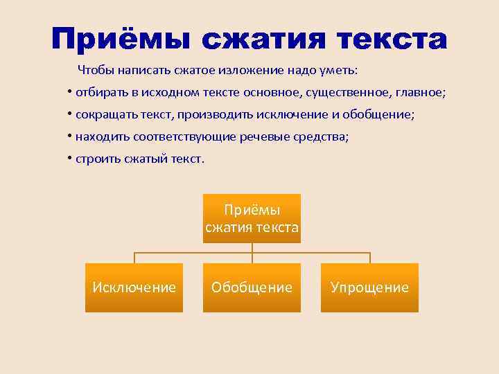 Приёмы сжатия текста Чтобы написать сжатое изложение надо уметь: • отбирать в исходном тексте