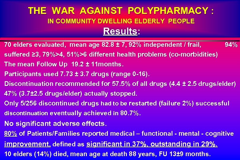 THE WAR AGAINST POLYPHARMACY : IN COMMUNITY DWELLING ELDERLY PEOPLE Results: 70 elders evaluated,