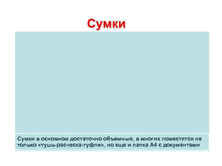 Сумки в основном достаточно объемные, в многих поместятся не только «тушь-расческа-туфли» , но еще