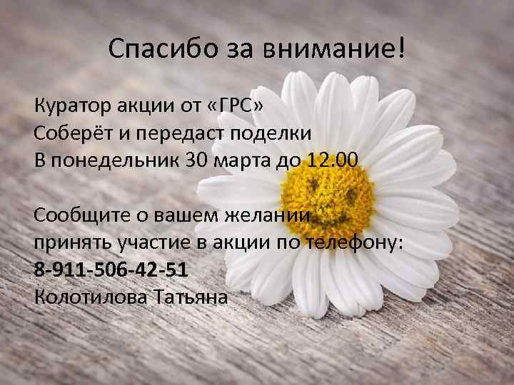 Спасибо за внимание! Куратор акции от «ГРС» Соберёт и передаст поделки В понедельник 30