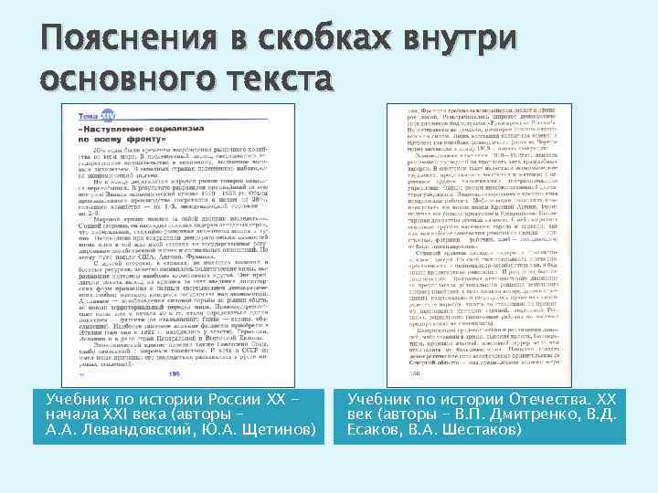 Пояснения в скобках внутри основного текста Учебник по истории России XX начала XXI века