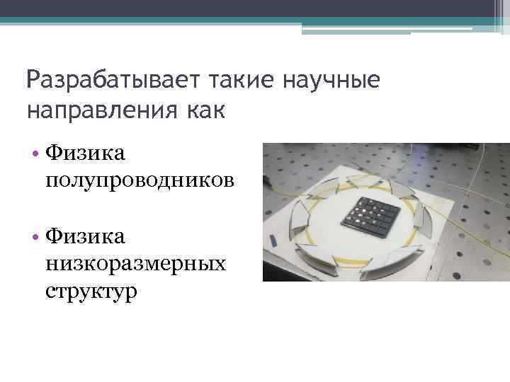 Разрабатывает такие научные направления как • Физика полупроводников • Физика низкоразмерных структур 