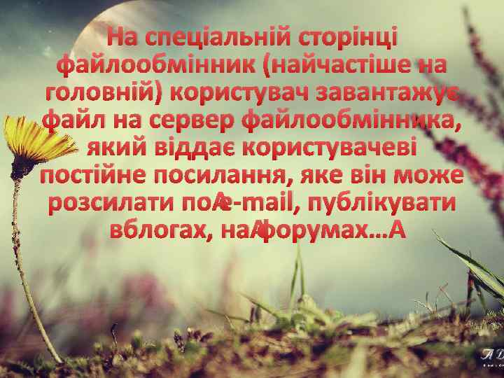 На спеціальній сторінці файлообмінник (найчастіше на головній) користувач завантажує файл на сервер файлообмінника, який