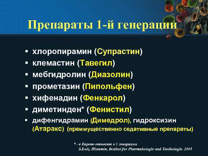 Препараты 1 -й генерации § § § хлоропирамин (Супрастин) клемастин (Тавегил) мебгидролин (Диазолин) прометазин