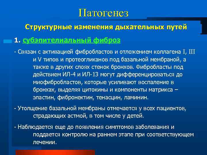 Патогенез Структурные изменения дыхательных путей 1. субэпителиальный фиброз - Связан с активацией фибробластов и