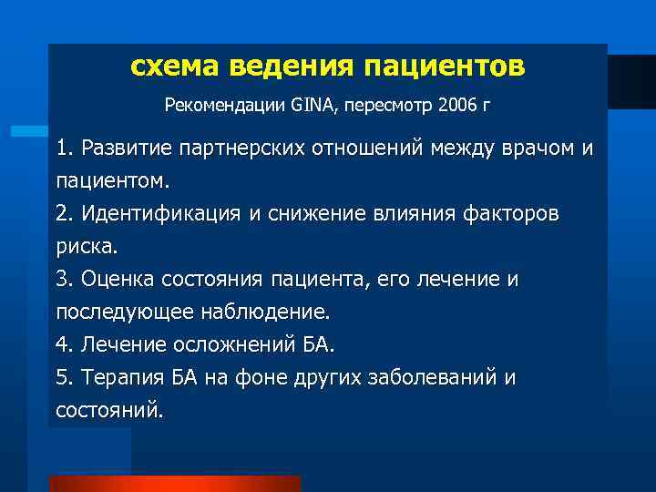 схема ведения пациентов Рекомендации GINA, пересмотр 2006 г 1. Развитие партнерских отношений между врачом