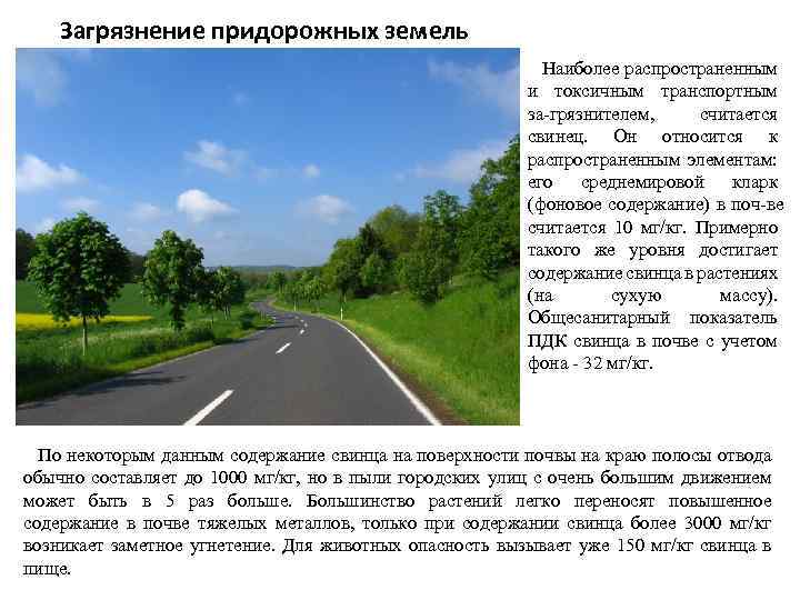 Загрязнение придорожных земель Наиболее распространенным и токсичным транспортным за грязнителем, считается свинец. Он относится