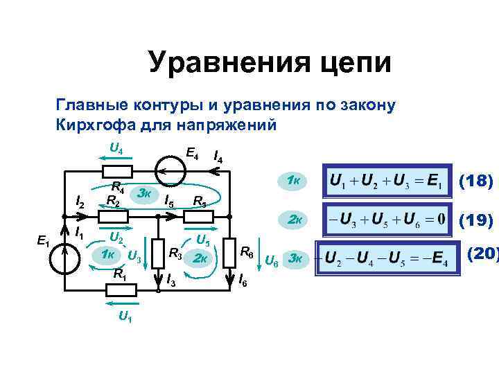 Уравнения цепи Главные контуры и уравнения по закону Кирхгофа для напряжений U 4 I