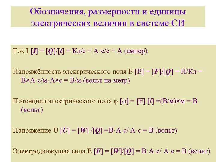 Обозначения, размерности и единицы электрических величин в системе СИ Ток I [I] = [Q]/[t]