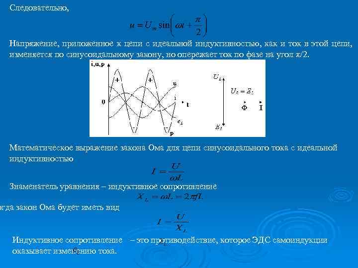 Следовательно, Напряжение, приложенное к цепи с идеальной индуктивностью, как и ток в этой цепи,