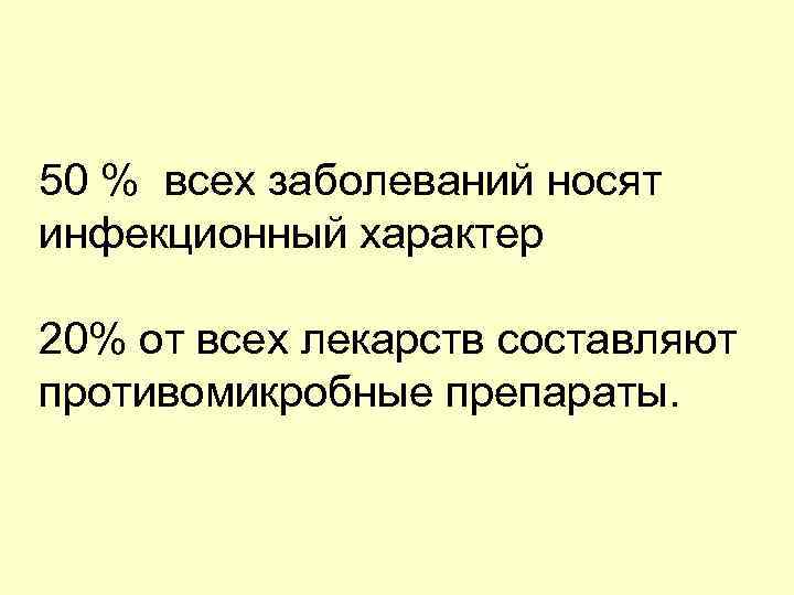 50 % всех заболеваний носят инфекционный характер 20% от всех лекарств составляют противомикробные препараты.