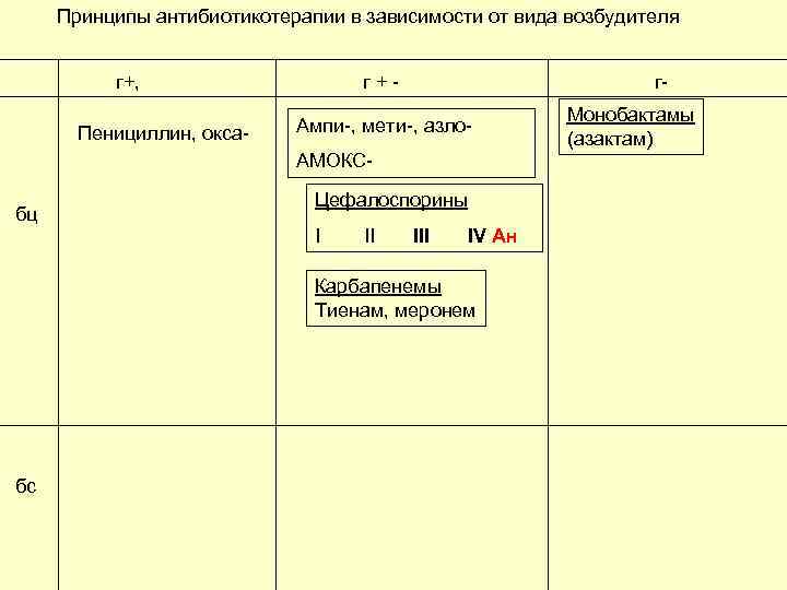 Принципы антибиотикотерапии в зависимости от вида возбудителя г+, Пенициллин, окса- г+- г- Ампи-, мети-,