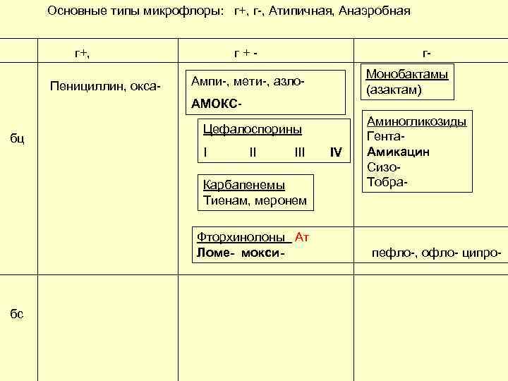 Основные типы микрофлоры: г+, г-, Атипичная, Анаэробная г+, Пенициллин, окса- г+- г. Монобактамы (азактам)