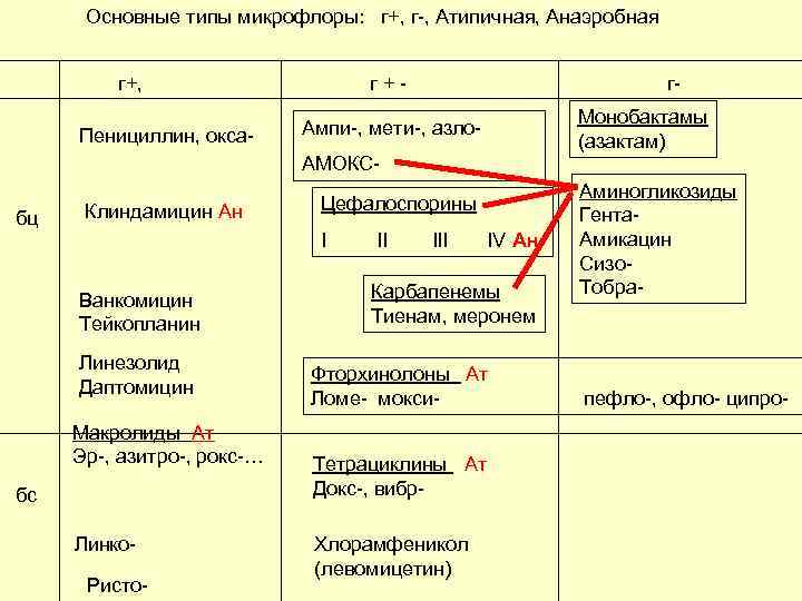 Основные типы микрофлоры: г+, г-, Атипичная, Анаэробная г+, Пенициллин, окса- г+- г. Монобактамы (азактам)