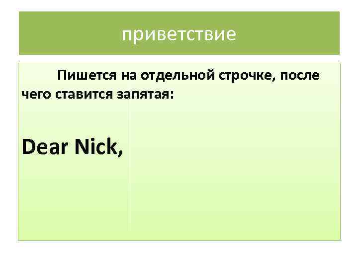 приветствие Пишется на отдельной строчке, после чего ставится запятая: Dear Nick, 