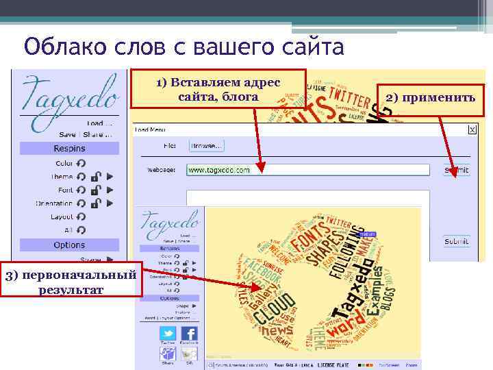 Облако слов с вашего сайта 1) Вставляем адрес сайта, блога 3) первоначальный результат 2)