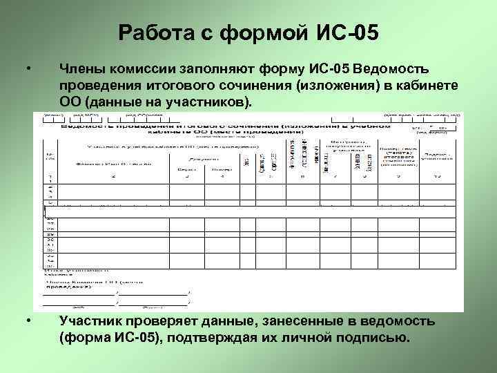 Работа с формой ИС-05 • Члены комиссии заполняют форму ИС-05 Ведомость проведения итогового сочинения