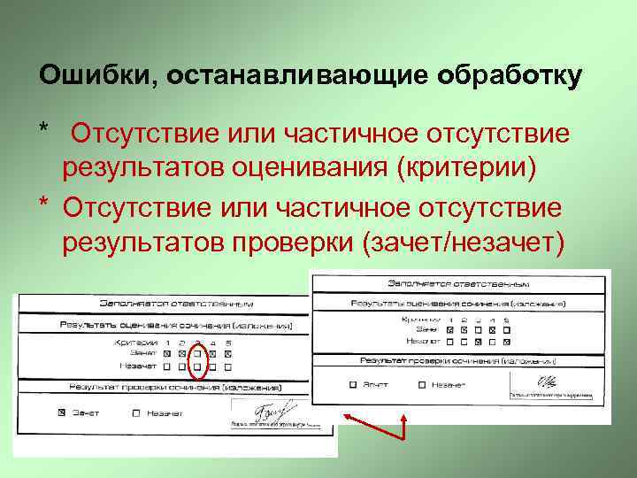 Ошибки, останавливающие обработку * Отсутствие или частичное отсутствие результатов оценивания (критерии) * Отсутствие или